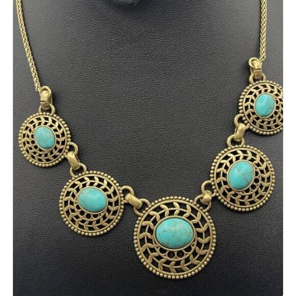 Lucky Brand Brass-Tone Weave Medallions Turquoise Stone Snake Chain Necklace - Picture 2 of 5